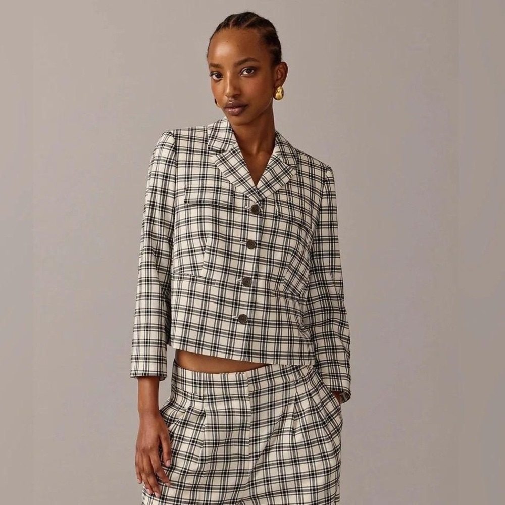 J. Crew Collection Skirt Suit 8 Black White Plaid Wool Blend Blazer Matching Set